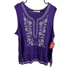 Jaded Glory Floral Embroidered Sleeveless Henley Peplum Top Purple Sz XXL NWT